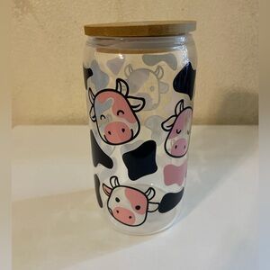Cute Cow Print Glass cup with Lif
